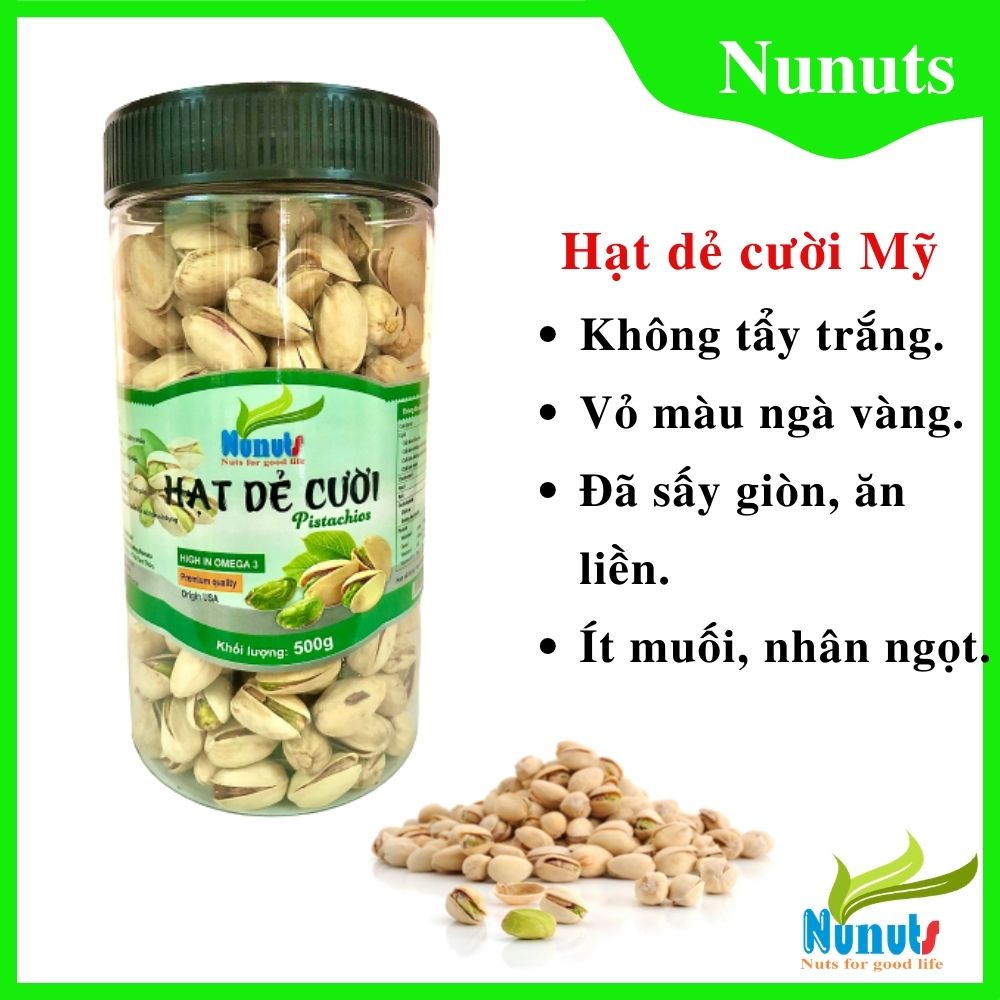 Hạt dẻ cười Mỹ không tẩy trắng, vỏ màu ngà ngà vàng,ít muối,nhân ngọt tươi mới, giòn ngon, không hôi dầu NunutsMỹ