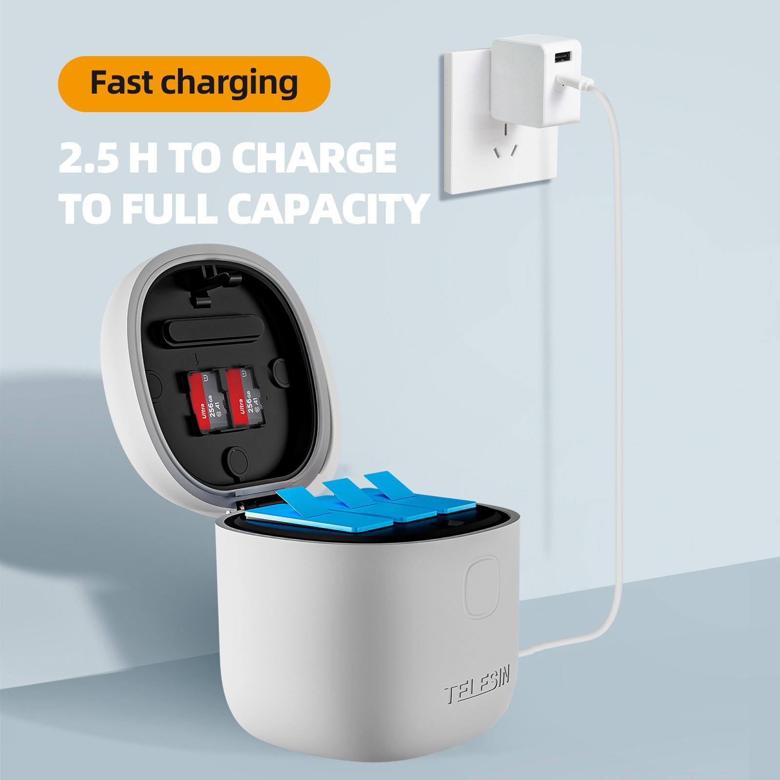 Pin Telesin Sạc Nhanh 3 Khe Lưu Trữ Pin Pin Li-ion 1750MAh Hộp Sạc Cho GoPro Hero 9 10 11 Camera Hành Động