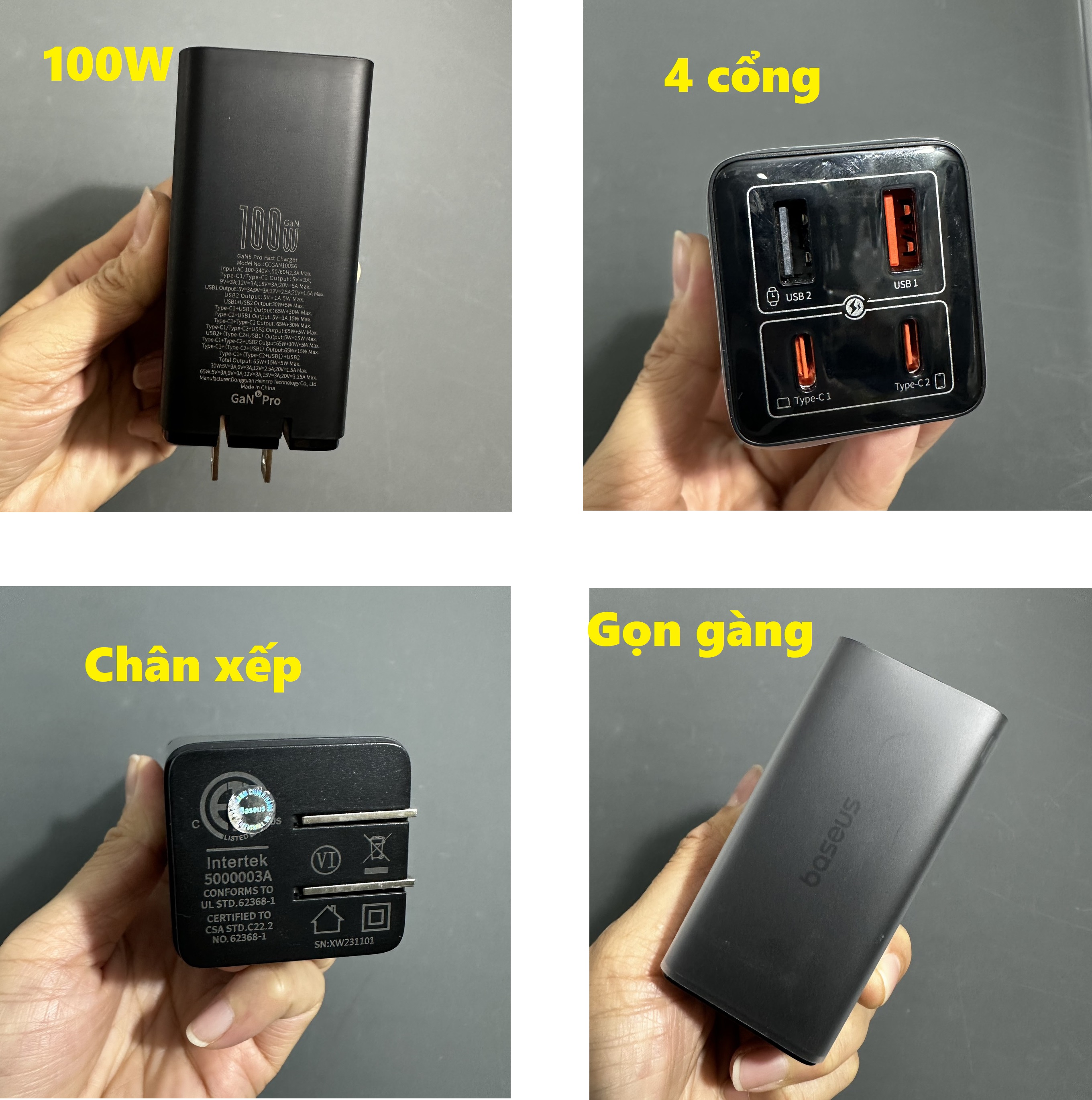 Bộ sạc nhanh 100W 4 cổng 2C+ 2U chân xếp Baseus GaN6 Pro CCGAN100S6 _ hàng chính hãng