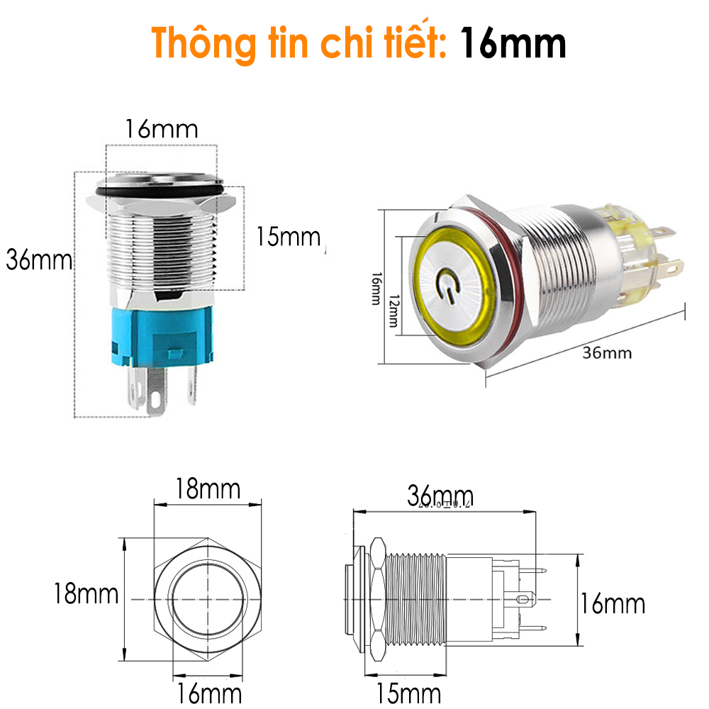 Nút công tắc nguồn nhấn Tự Khóa 16mm (3-6V, 12-24V, 110-220V)  Vỏ INOX chống nước, Biểu tượng Nguồn LED