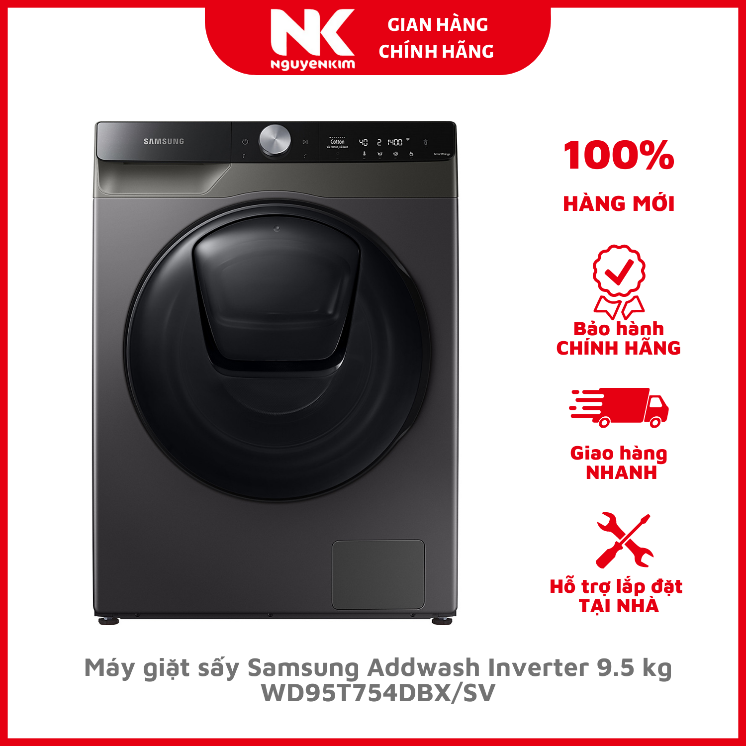 Máy giặt sấy Samsung Addwash Inverter 9.5 kg WD95T754DBX/SV lồng ngang-Hàng chính hãng- Giao tại HN và 1 số tỉnh toàn quốc