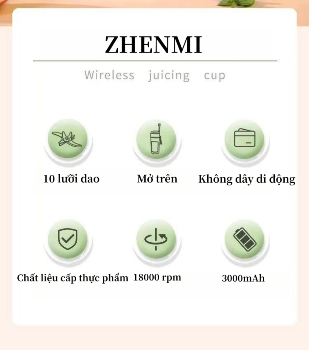 Zhenmi Không Dây Điện Máy Ép Trái Cây Mini Xách Tay Nước Trái Cây Máy Xay Sinh Tố 340Ml Cho Nhà Bếp Cắm Trại Sinh Tố Máy Trộn Thiết Bị Nhà-Hàng chính hãng