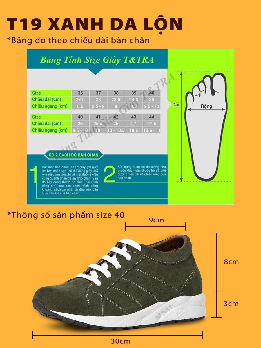 Giày Tăng Chiều Cao Nam Siêu Nhẹ T&TRA Tăng Cao 8Cm- T19 Xanh Rêu- Chất Liệu Da Bò Cao Cấp, Đế và Lót Tăng Cao Chất Liệu EVA Siêu Nhẹ, Trọng Lượng Nhẹ Hơn 30% So Với Đế Cao Su
