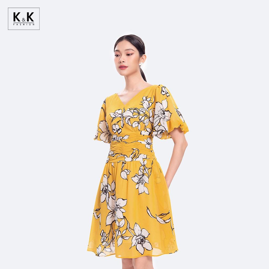 Đầm Xòe Màu Vàng Họa Tiết Hoa Nhấn Eo K&amp;K Fashion KK116-03 Chất Liệu Chilfon