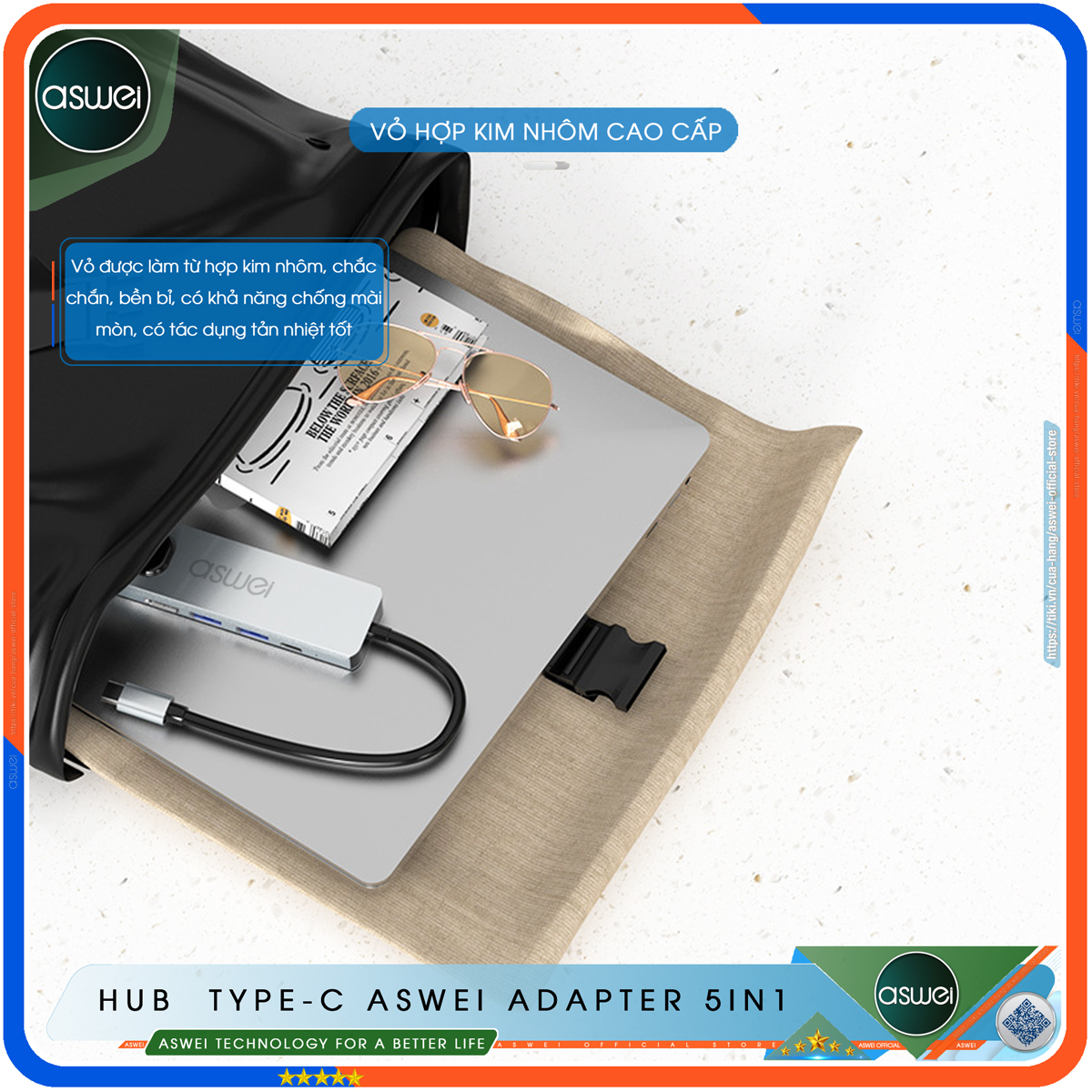 Hub Type C ASWEI 5 in 1 To HDMI, USB 3.0, Lan RJ45, PD 100W - Hub Chuyển Đổi USB Type C 5 Cổng - Cổng Chia USB, Ổ Chia USB Tốc Độ Cao Dành Cho Macbook, Laptop, PC, Máy Tính Bảng, Điện Thoại - Hàng Chính Hãng