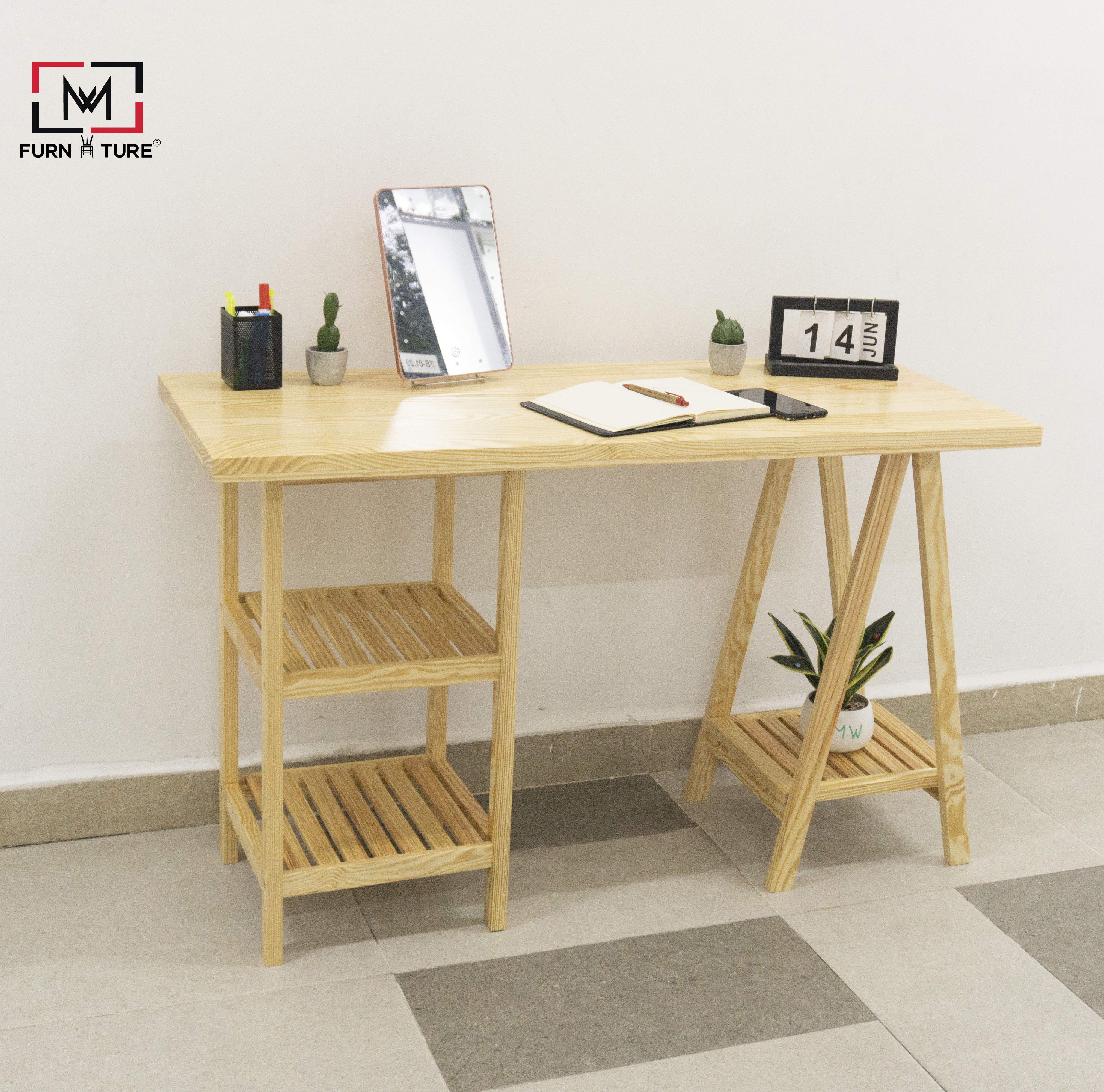 BÀN LÀM VIỆC ĐA NĂNG CHÂN THÁP MÀU GỖ MWFURNITURE - STANDING TOWER TABLE NATURAL