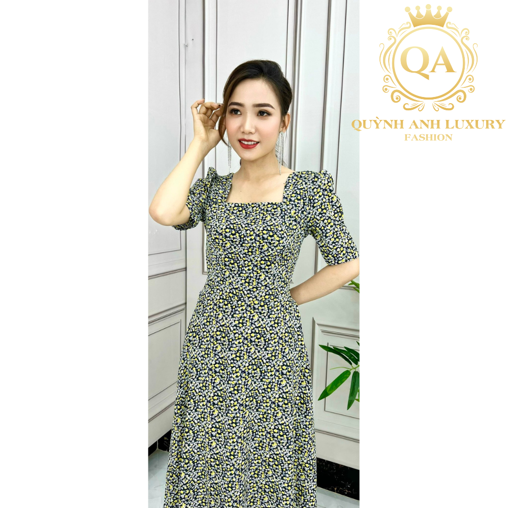 Đầm xoè nữ hoa xanh mặc hè