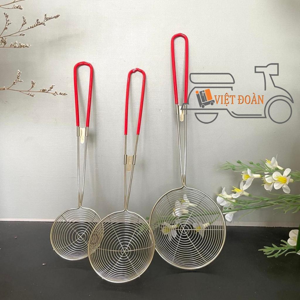 VỢT VÒNG TRÒN inox dày - cán nhựa đỏ . Múc thạch, trân châu, vợt xương. Hàng đẹp, chắc chắn, nhiều size