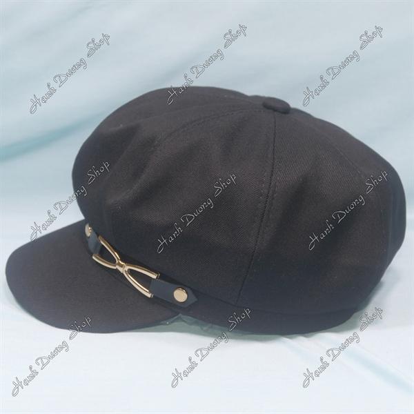 Nón mỏ vịt nữ gắn mặt sắt nơ phía trước, nón beret nữ hàng quảng châu phong cách cổ điển, nón nồi nữ, nón bí ngô, nón beret họa sĩ hàng quảng châu vòng đầu 57-58cm có 2 dây rút giảm size đầu - Đen