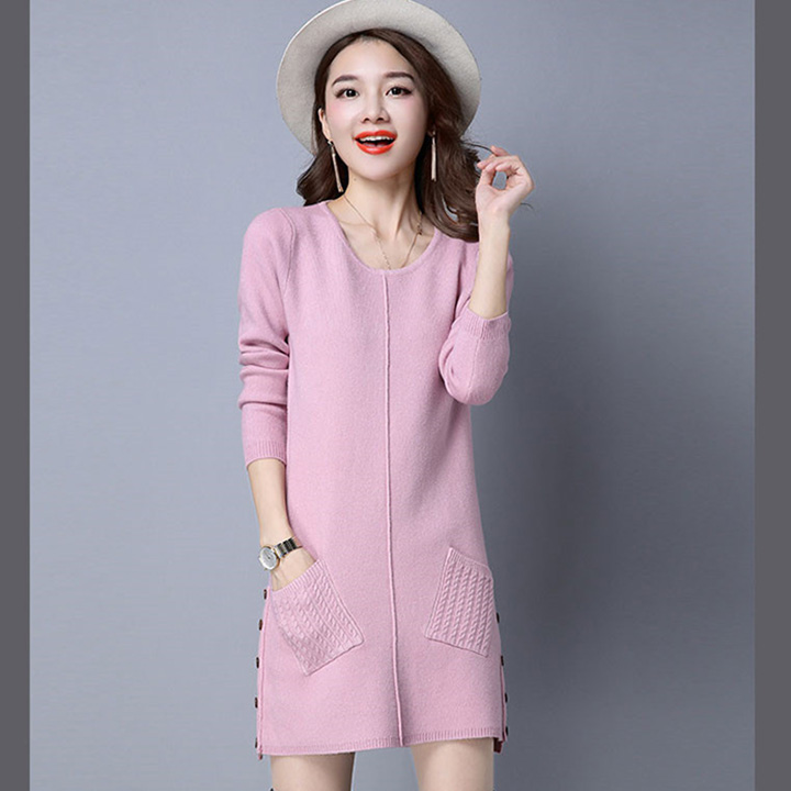 Đầm suông len dáng lửng 2 túi trước phối khuy sườn trẻ trung ArcticHunter, thời trang thương hiệu chính hãng