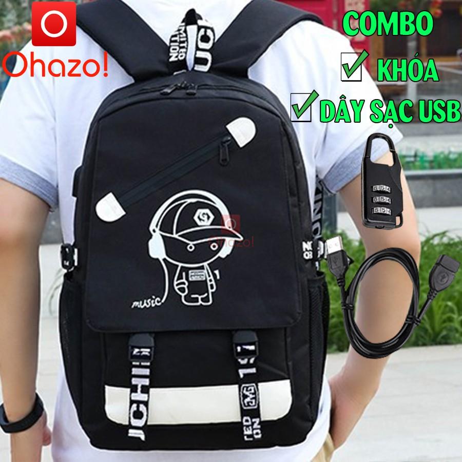 Combo balo đi học Boymusic dạ quang phát sáng Ohazo! + Dây cáp sạc USB xịn + Khóa số thông minh siêu HOT năm nay