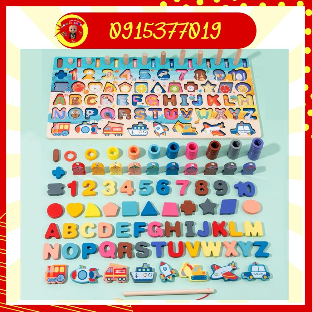 Đồ chơi giáo dục sớm cho bé bằng gỗ 6 trong 1 bảng học chữ số đếm câu cá Kid IQ