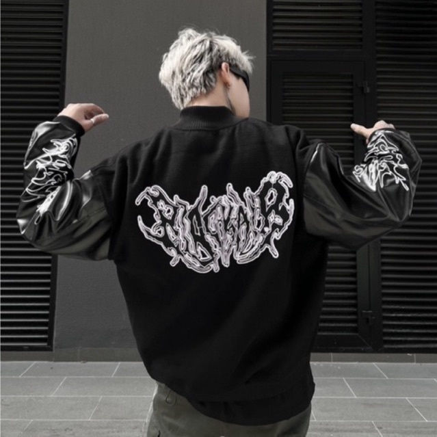 Áo khoác Bomber tay da Black Wide , varsity jacket nam nữ chất dạ 2 lớp , áo khoác bóng chày local brand unisex