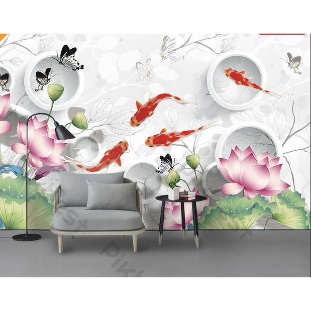 Tranh dán tường Hoa sen bướm và cá chép sang trọng, tranh dán tường 3d hiện đại MS1022687