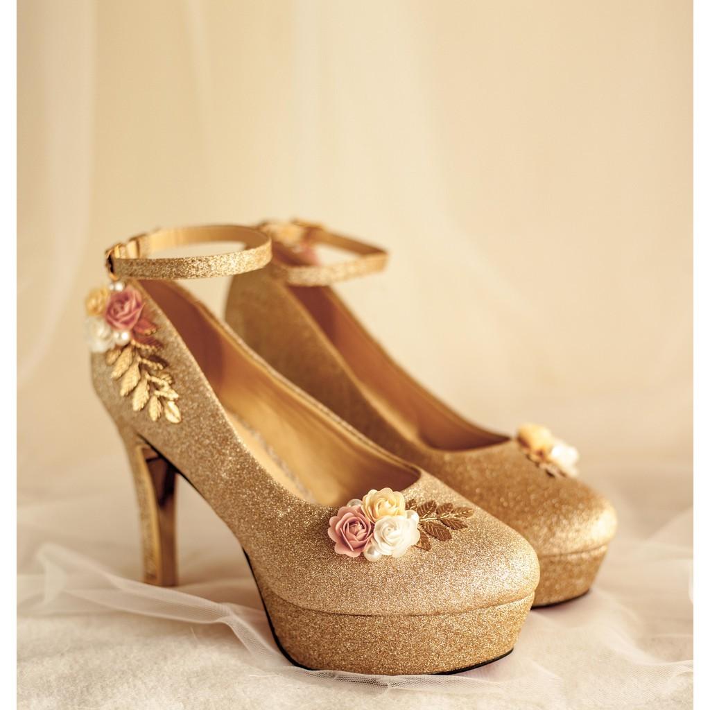 GIÀY CƯỚI - GIÀY CÔ DÂU H74 3 HOA LÁ VÀNG - WEDDING SHOES