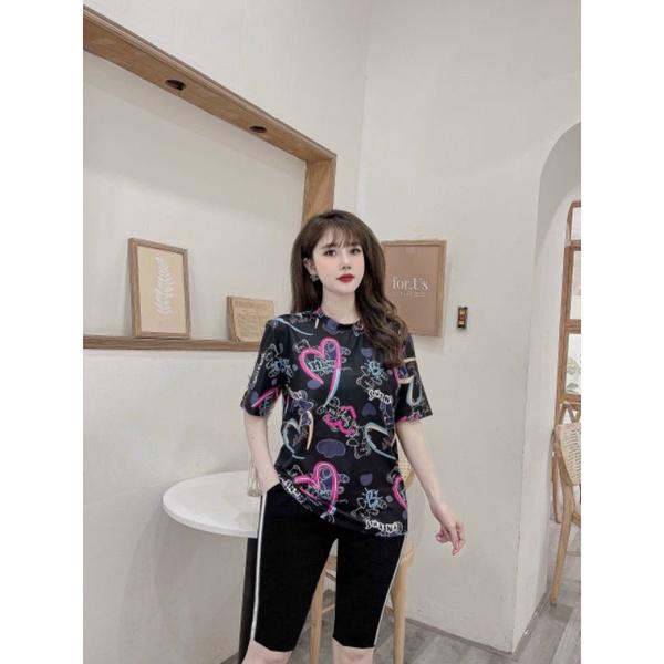 HÀNG CAO CẤP- Sét bộ thun lửng quần ngố áo form rộng in họa tiết trái tim siêu xinh