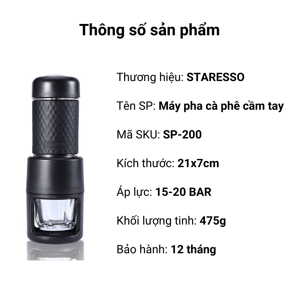 Máy pha cà phê cầm tay STARESSO campout SP-200 du lịch, cắm trại áp suất cao, bản nâng cấp 2022- Hàng nhập khẩu