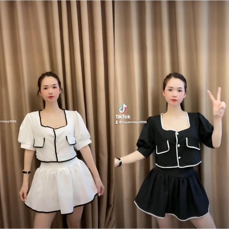 Set áo croptop mix chân váy 2 màu sang chảnh