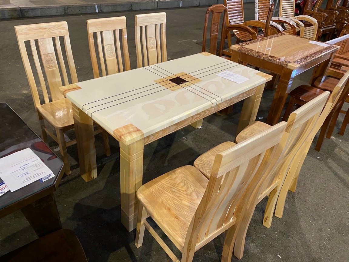 Bộ Bàn ăn gỗ sồi nga mặt đá 6 ghế hàng chuẩn xuất khẩu
