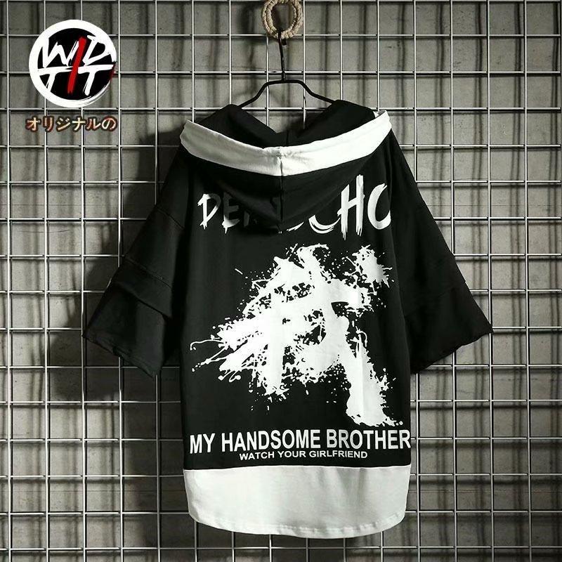 Áo Hoodie Ngắn Tay Form Rộng In Họa Tiết Phong Cách Trung Hoa Dành Cho Nam 2 Màu
