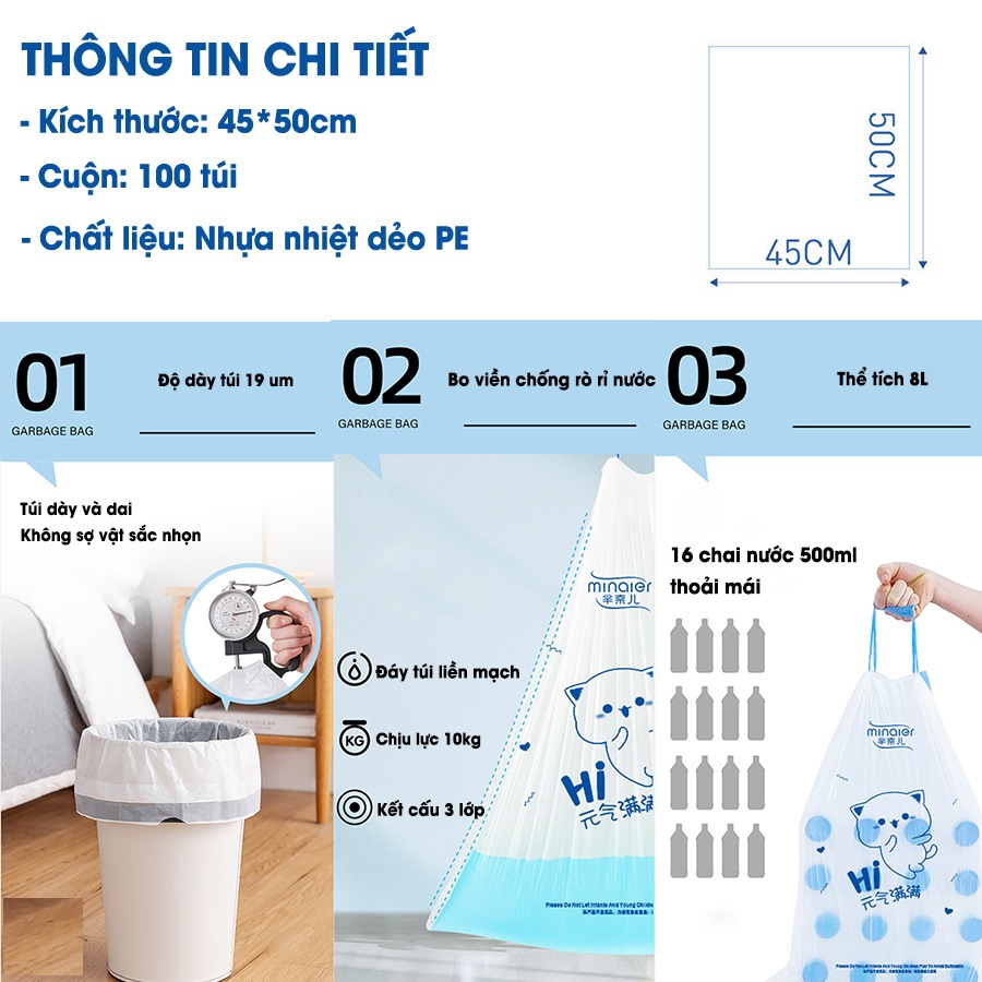 Túi Đựng Rác, Túi Rác Tự Phân Huỷ, 1 Cuộn 100 Túi, Túi Đựng Rác Có Dây Rút Tiện Lợi