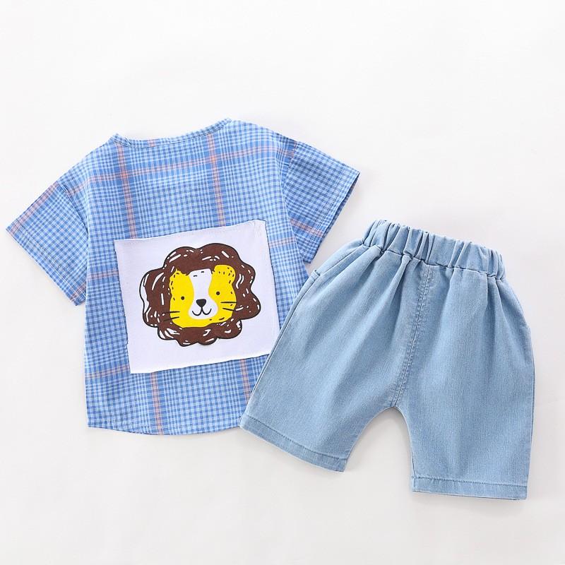 Set áo kẻ in hình sư tử con + quần đùi jean mặt cười hàng cho bé