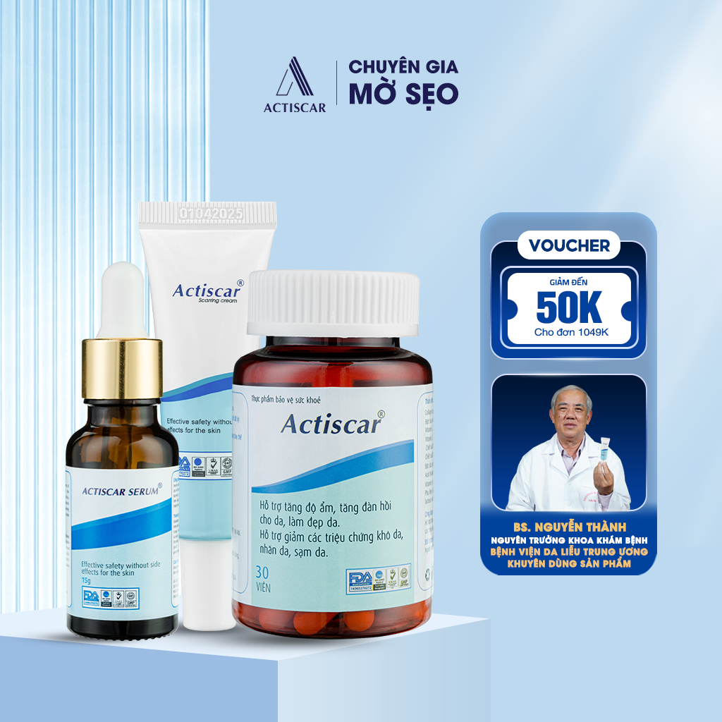 Hỗ Trợ Trị Sẹo Actiscar gồm Kem + Serum + viên uống làm mờ sẹo Lồi, Lõm , Rỗ Thâm