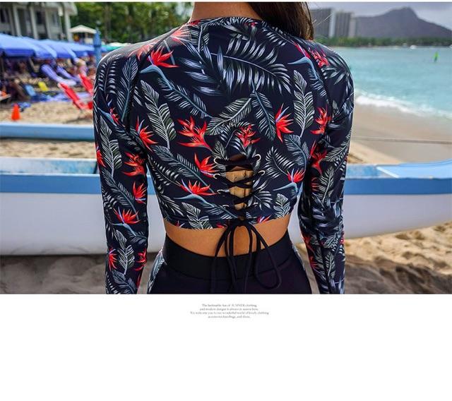 Bikini quần đùi cạp cao tay dài hoa lá