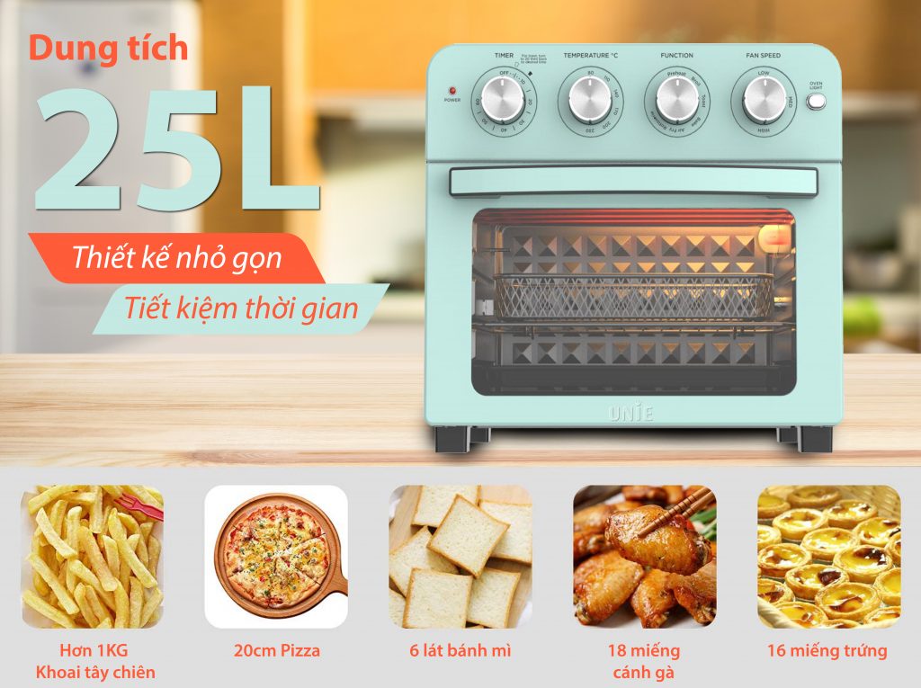 Lò Nướng Điện Kiêm Nồi Chiên Không Dầu UNIE Q37 Tiêu Chuẩn Đức Dung Tích Lớn 25 Lít Công Suất 1700 W - Hàng Chính Hãng