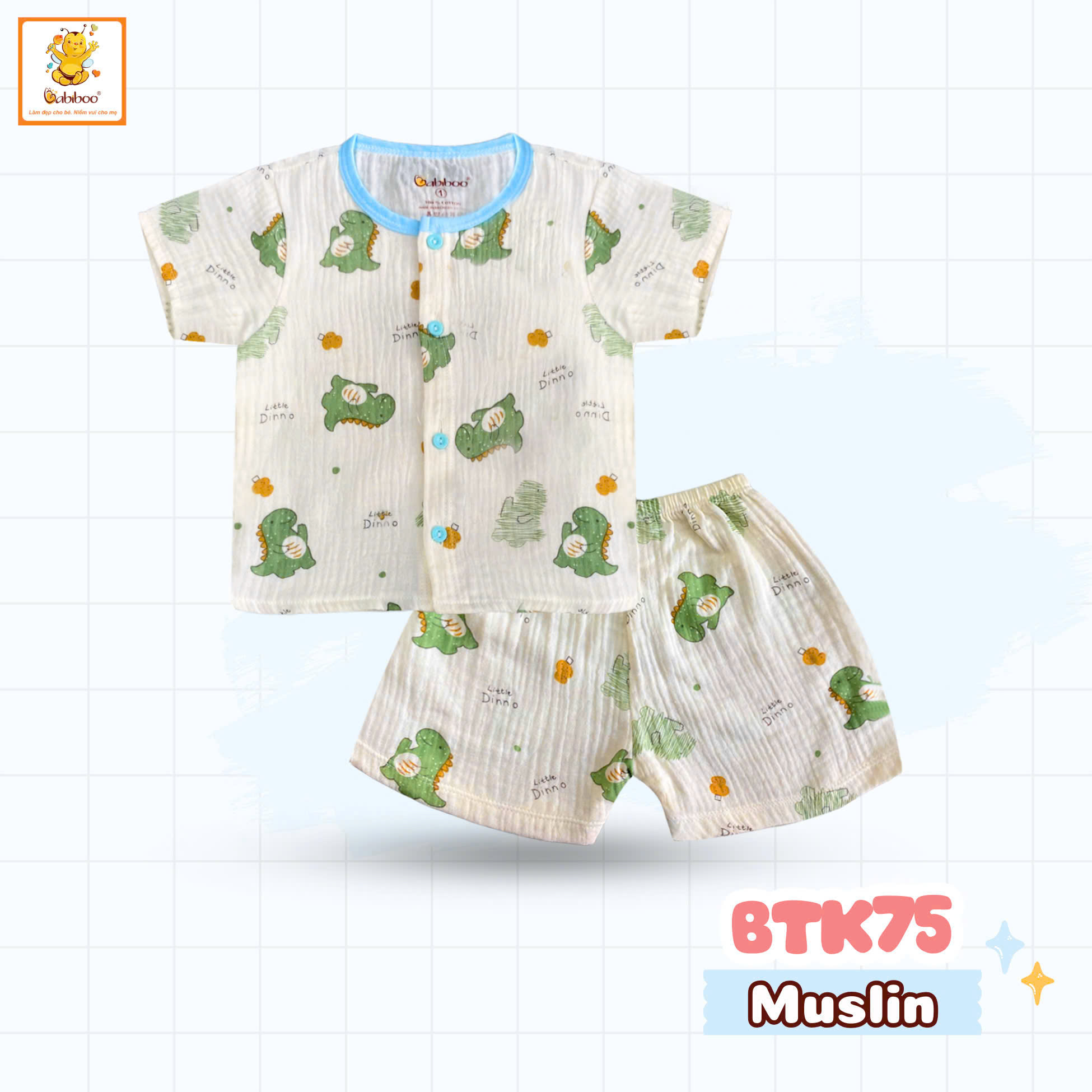 Đô bộ bé trai Babiboo bộ quần áo cho bé tay ngắn chất muslin thông thoáng, mềm mại BTK75