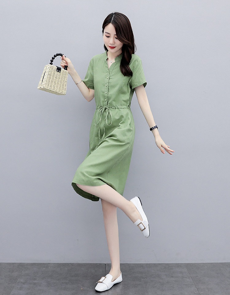 Đầm suông linen tay ngắn tay cổ tàu, chất vải linen tự nhiên mềm mát, thời trang xuân hè Đũi Việt