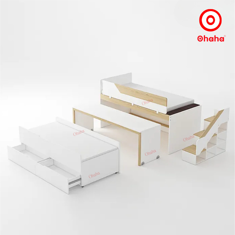 Hình ảnh [Miễn phí vận chuyển & lắp đặt] Giường tầng trẻ em thông minh xếp gọn có bàn học và tủ Ohaha - GTXG011