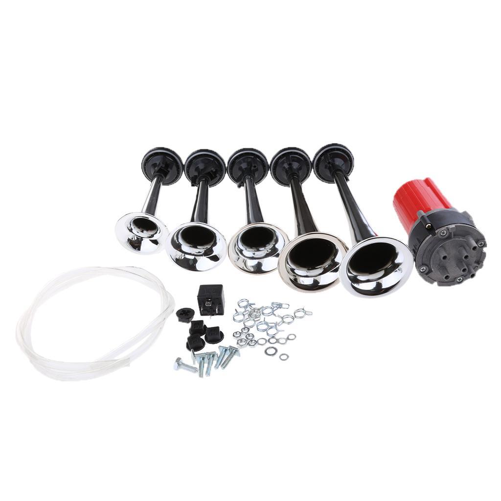 12V/24V 125db Air Horn, Zinc 5 Trumpet Air Horn with Motor for 12V 24V Cars Van