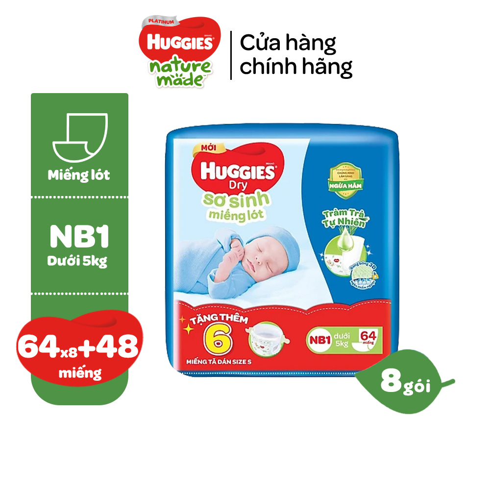 [Tặng 48M tã dán size S] Thùng 8 gói Miếng lót Sơ Sinh Huggies Tràm Trà NB1 64 miếng