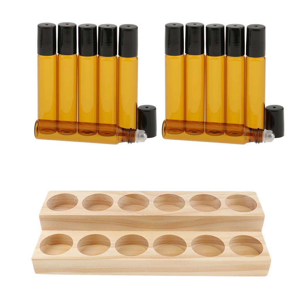 Wood Essential Oil Displaying Rack 2 Tiers Organizer + 12 Glass Bottles Set