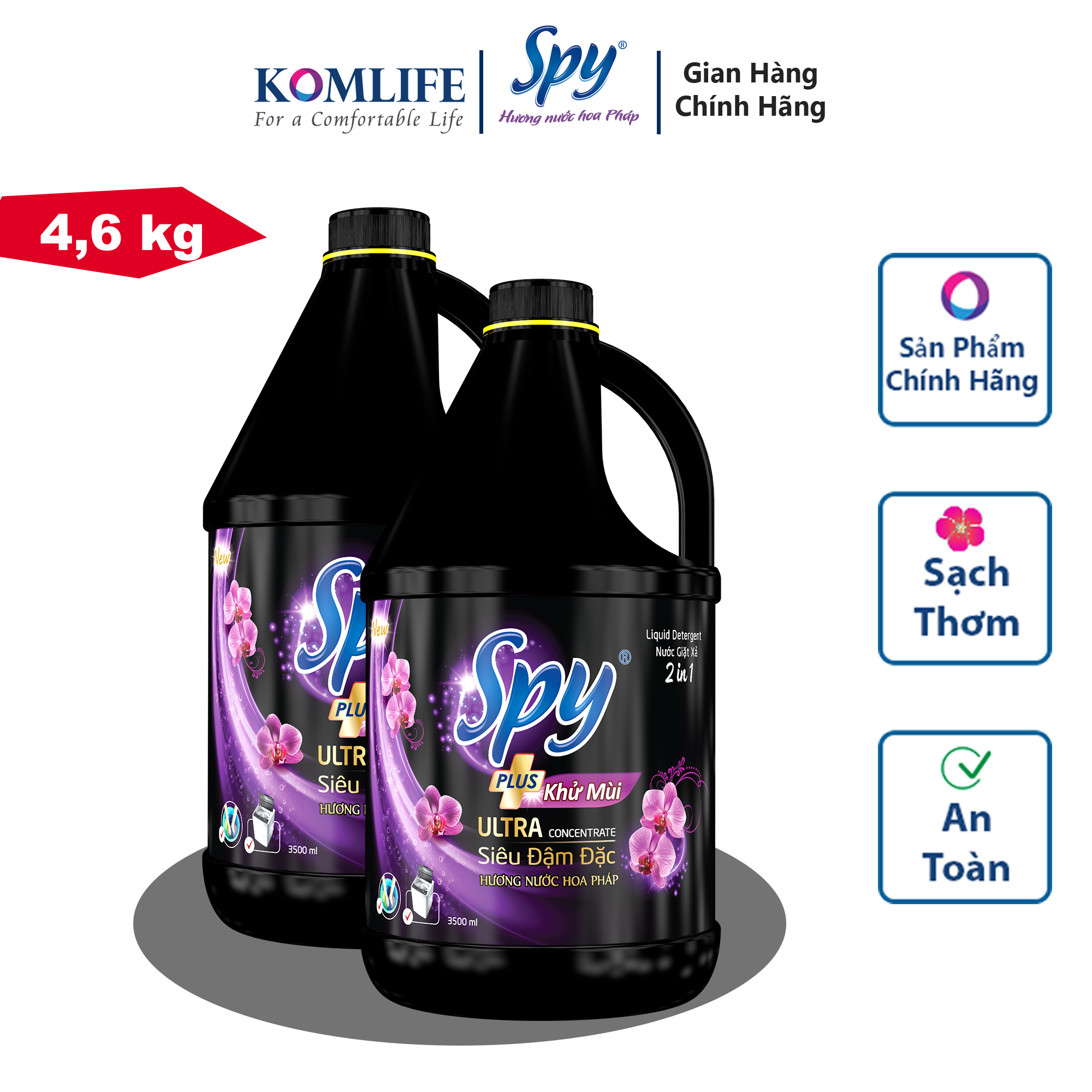 Nước giặt xả SPY Ultra Clean Plus hương hóa Tím can 4,6 kg màu 2 trong 1 Sạch sâu Thơm lâu Diệt khuẩn