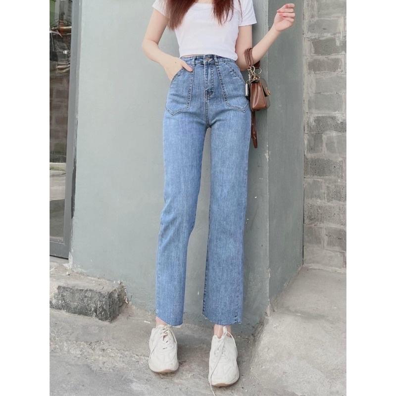 Quần jeans nữ ống đứng cạp cao túi trước có giãn kiểu dáng Hàn Quốc