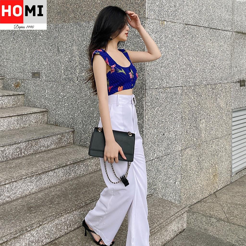 ÁO CROPTOP CÓ VAI HỌA TIẾT HOA,CỔ VUÔNG CỰC TÂY, MÀU XANH, HOMI FASHION