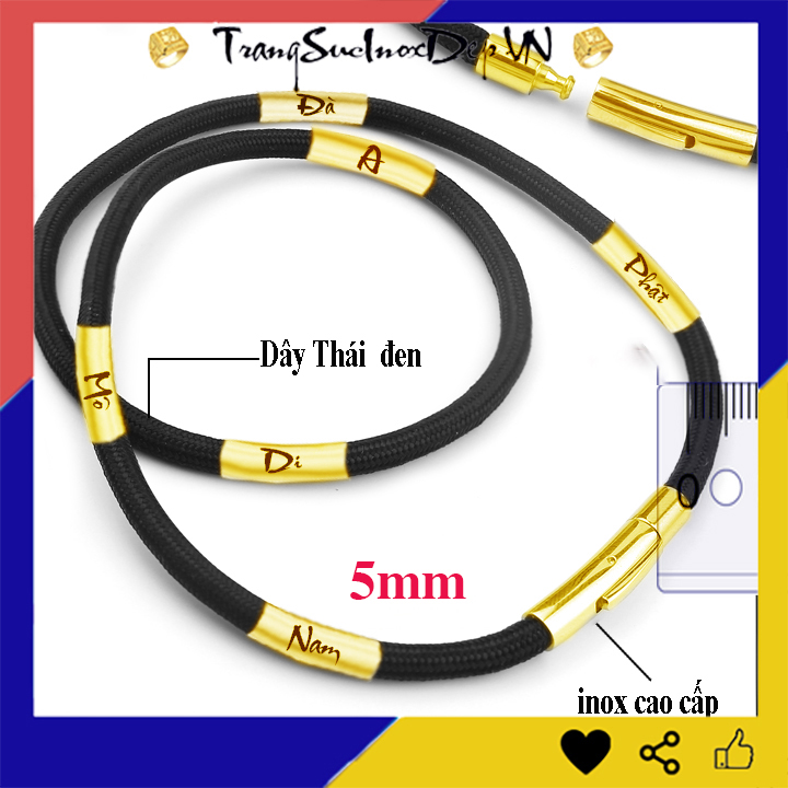 Dây chuyền dù thái 5ly khóa vàng bọc khoen inox khắc Nam Mô A Di Đà Phật đem lại bình an, may mắn cho người đeo