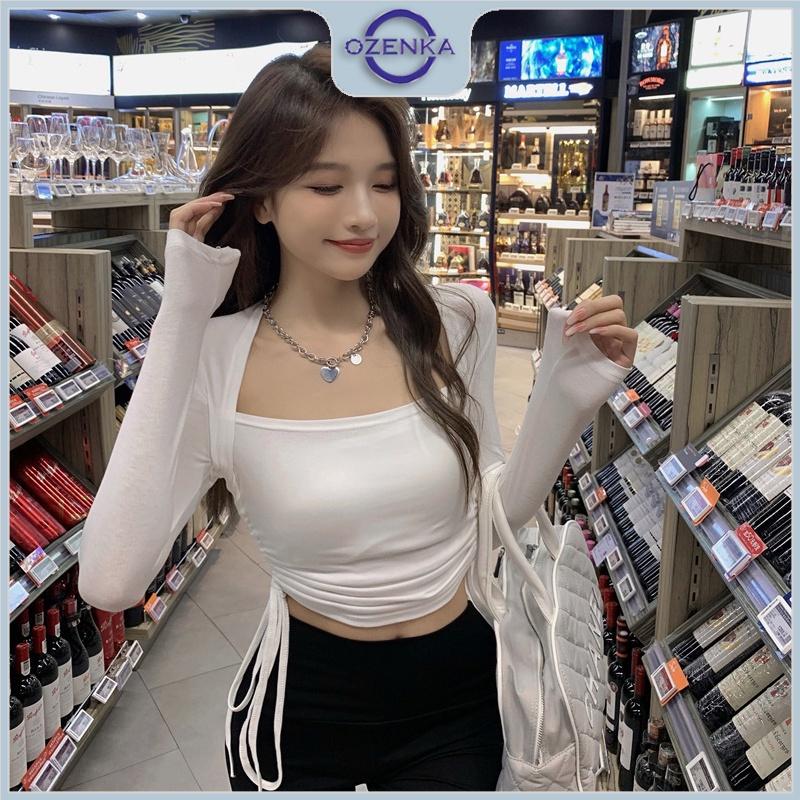 Áo croptop tay dài rút dây eo cổ thuyền nữ Ozenka , áo crt ôm body kiểu thun gân cotton màu đen trắng mặc đi chơi đi học