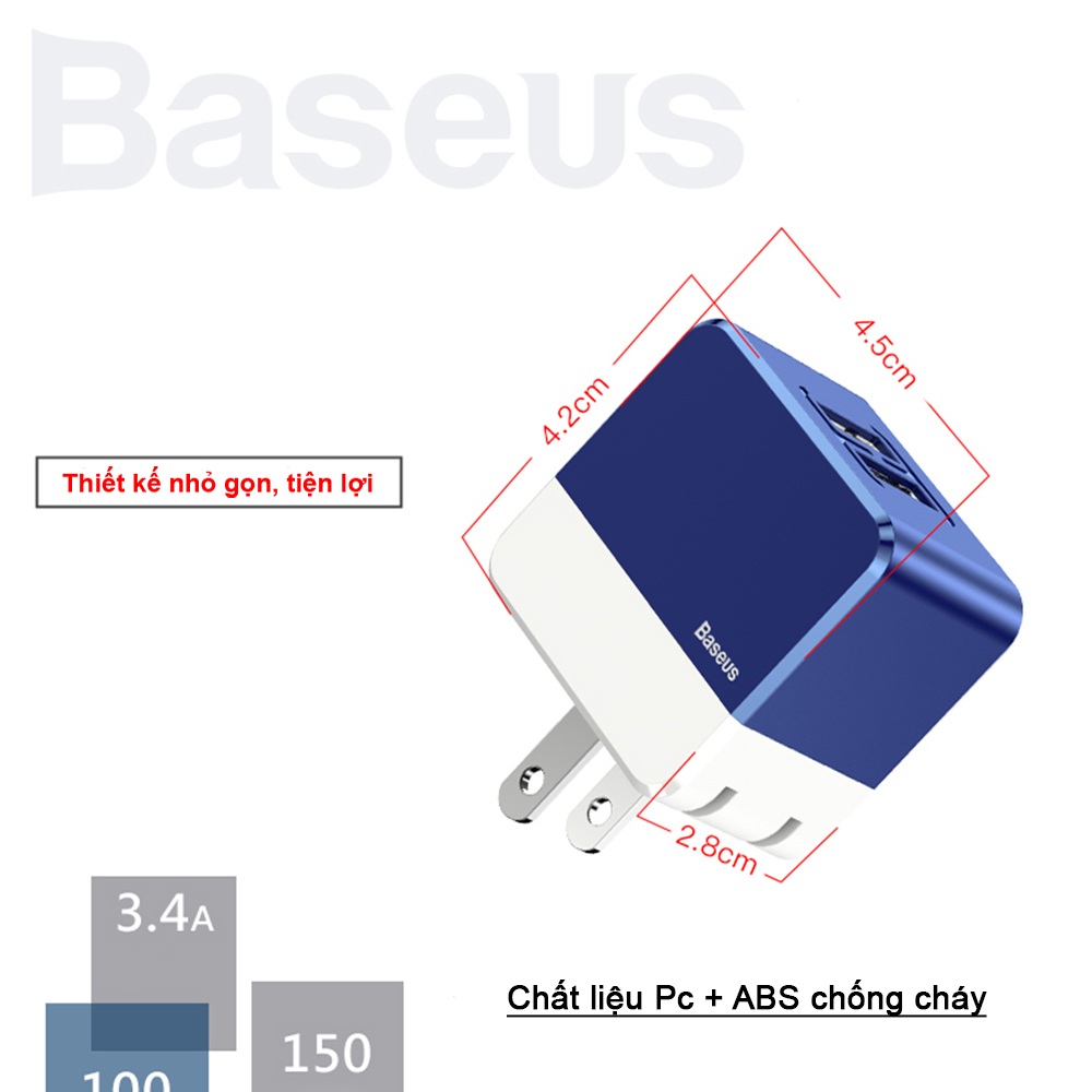 Củ sạc Nhanh Baseus hỗ trợ sạc 2 thiết bị một lúc 3.4A Max cho iPhone, Samsung, Xiaomi, Huawei, Oppo. (Giao tùy màu) - Hàng chính Hãng