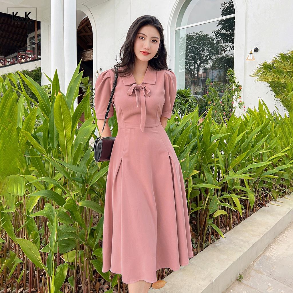 Đầm Xòe Công Sở Màu Hồng Cổ Sen K&amp;K Fashion KK140-02 Chất Liệu Tuyết Sa Cát