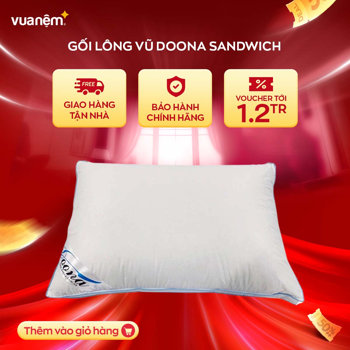 Gối nằm lông vũ cao cấp Doona Sandwich 45x65cm siêu mềm, êm ái, thích hợp với mọi lứa tuổi