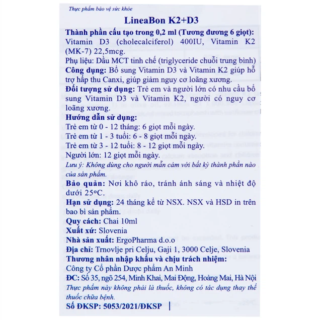 Lineabon Vitamin D3 K2 giúp bé cao lớn, ngủ ngon, giảm còi xương cho trẻ sơ sinh 10ml (dạng nhỏ giọt)