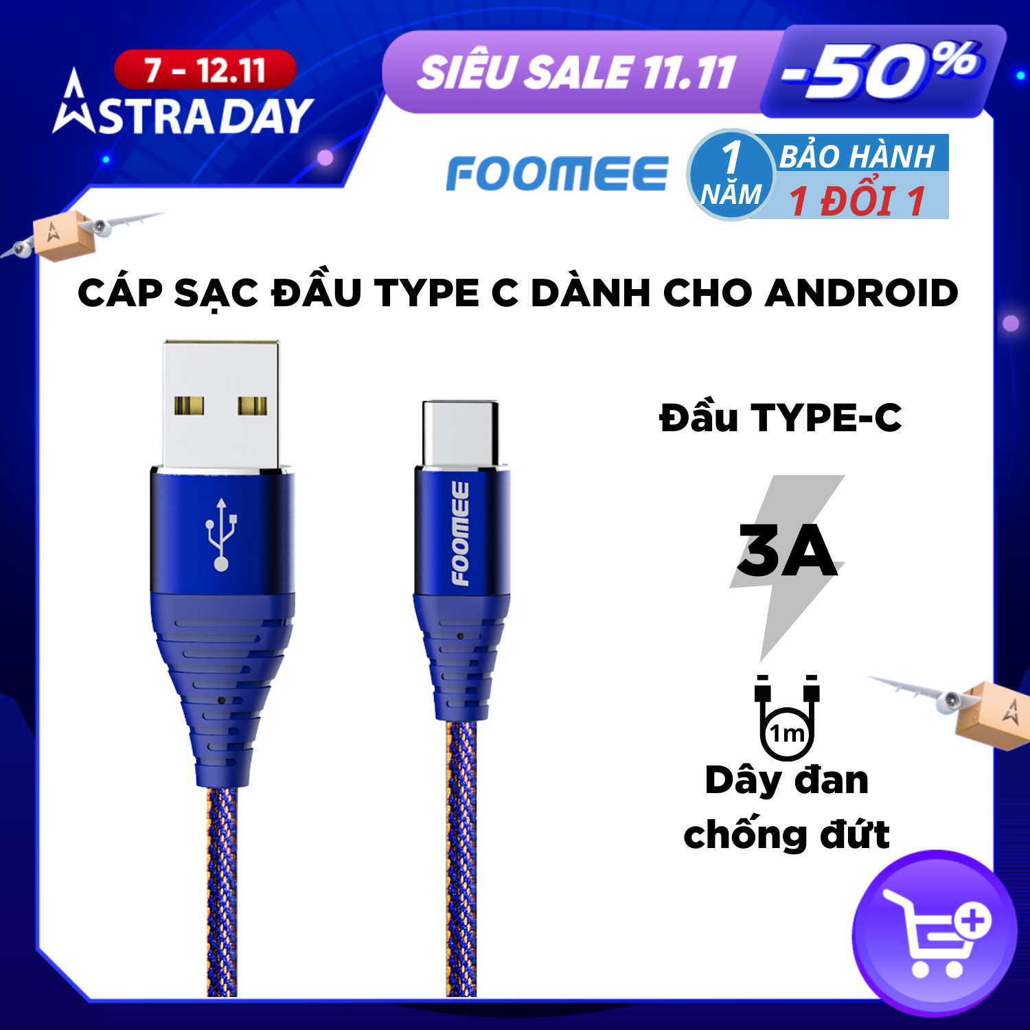 Dây Cáp Sạc Nhanh 2.4A TYPE-C FOOMEE NJ10s -Sợi Nylon Đan 2 Màu Siêu Bền Chống Đứt  Dài 1m - Màu Xanh Dương - Hàng Chính Hãng