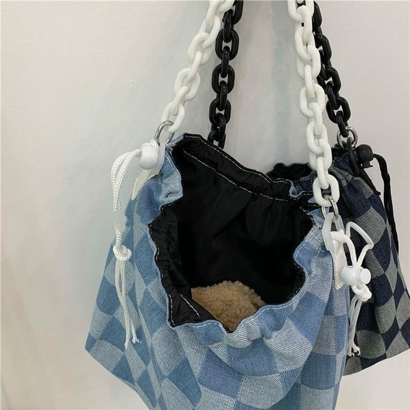 Túi Đeo Vai Nữ Đa Năng Đơn Giản Denim Túi Xách Tay Túi Tote Checkerboard Lưới Thời Trang Túi Nữ Denim Túi