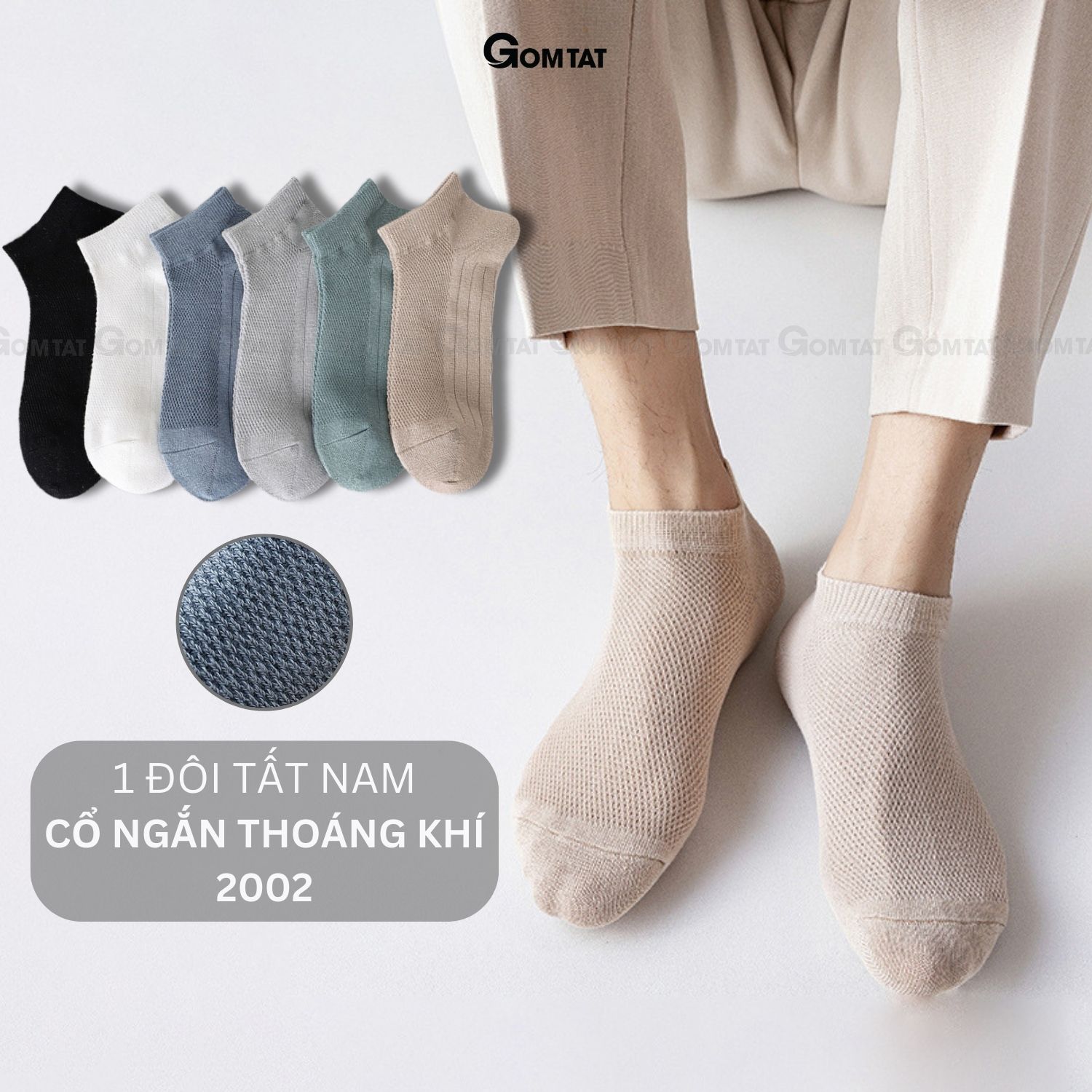 Tất vớ nam cổ ngắn GOMTAT trơn có mặt lưới thoáng khí, chất liệu cotton mềm mại thấm hút - NGANTRONLUOI-FIVE-2002-1DOI