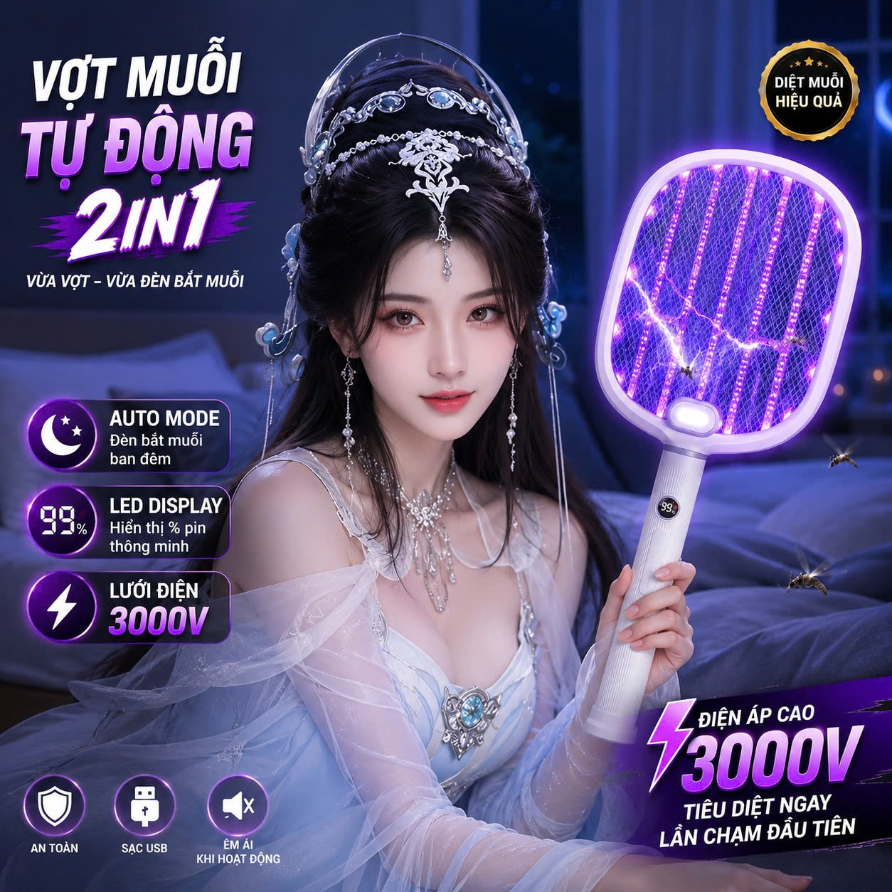 Vợt Bắt Muỗi Tự Động Kachi MK462 – Tích Hợp Đèn Bắt Muỗi, Màn Hình LED Thông Minh - hàng chính hãng