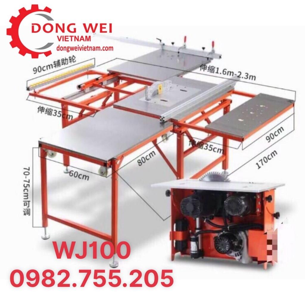 Máy cưa bàn trượt WJ100 (cưa 2 lưỡi, nâng hạ lưỡi điện, có mặt bàn máy soi, gắn kèm hút bụi) 0982.755.205