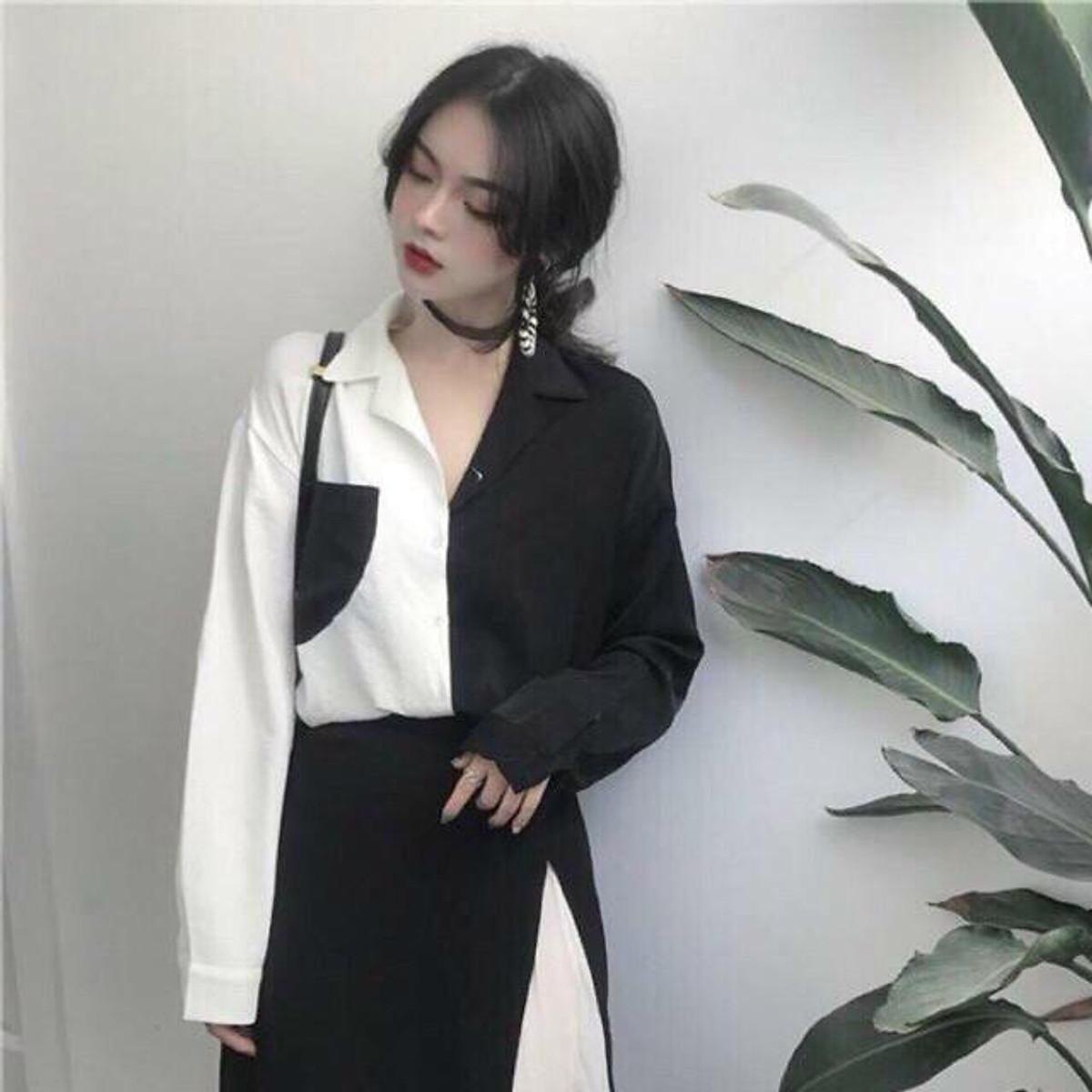 Áo sơmi phối 2 màu Trắng Đen